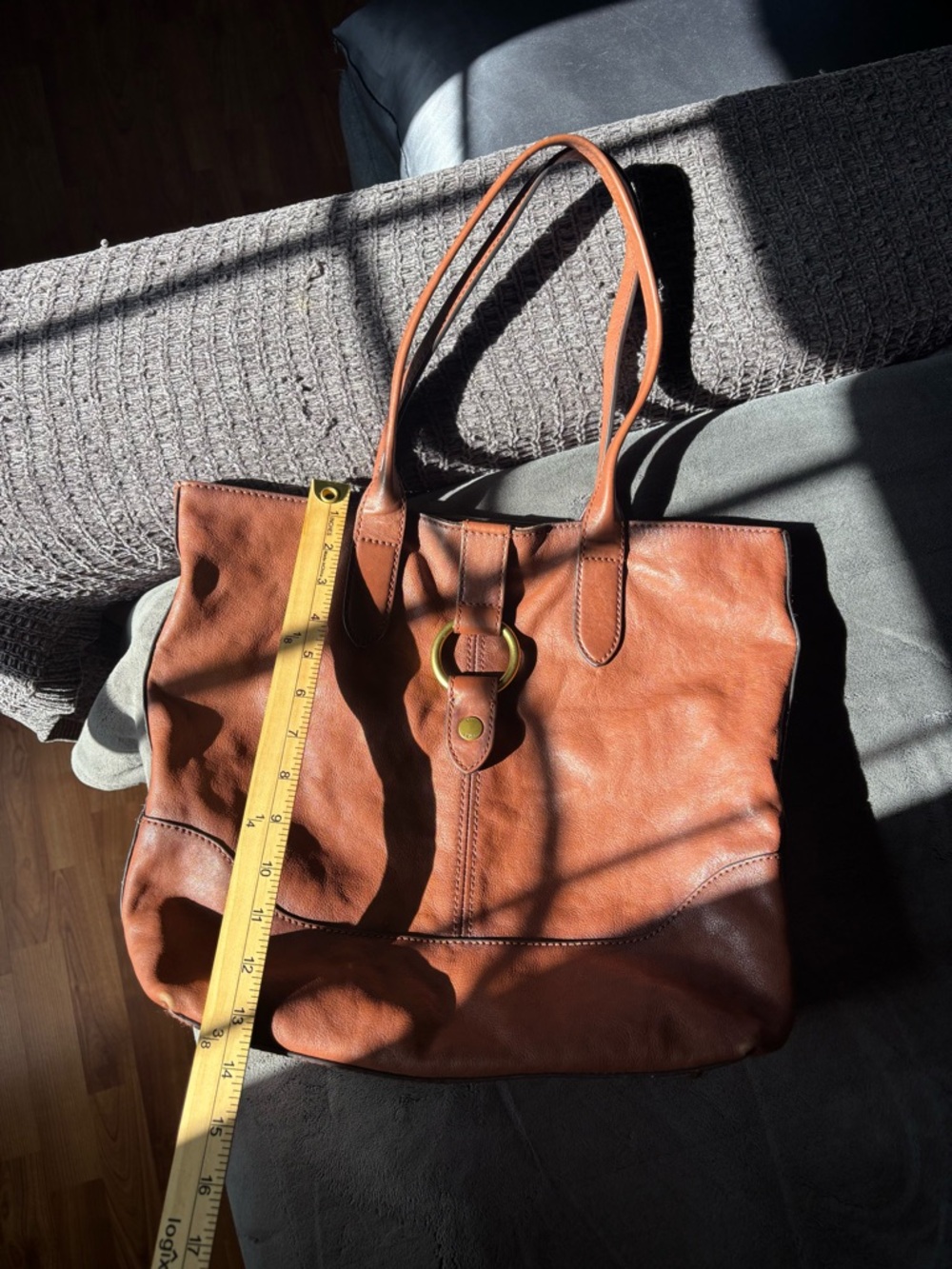 Frye Leather Ring Tote Bag Purse, Cognac, Genuine Leather - Picture 5 of 14